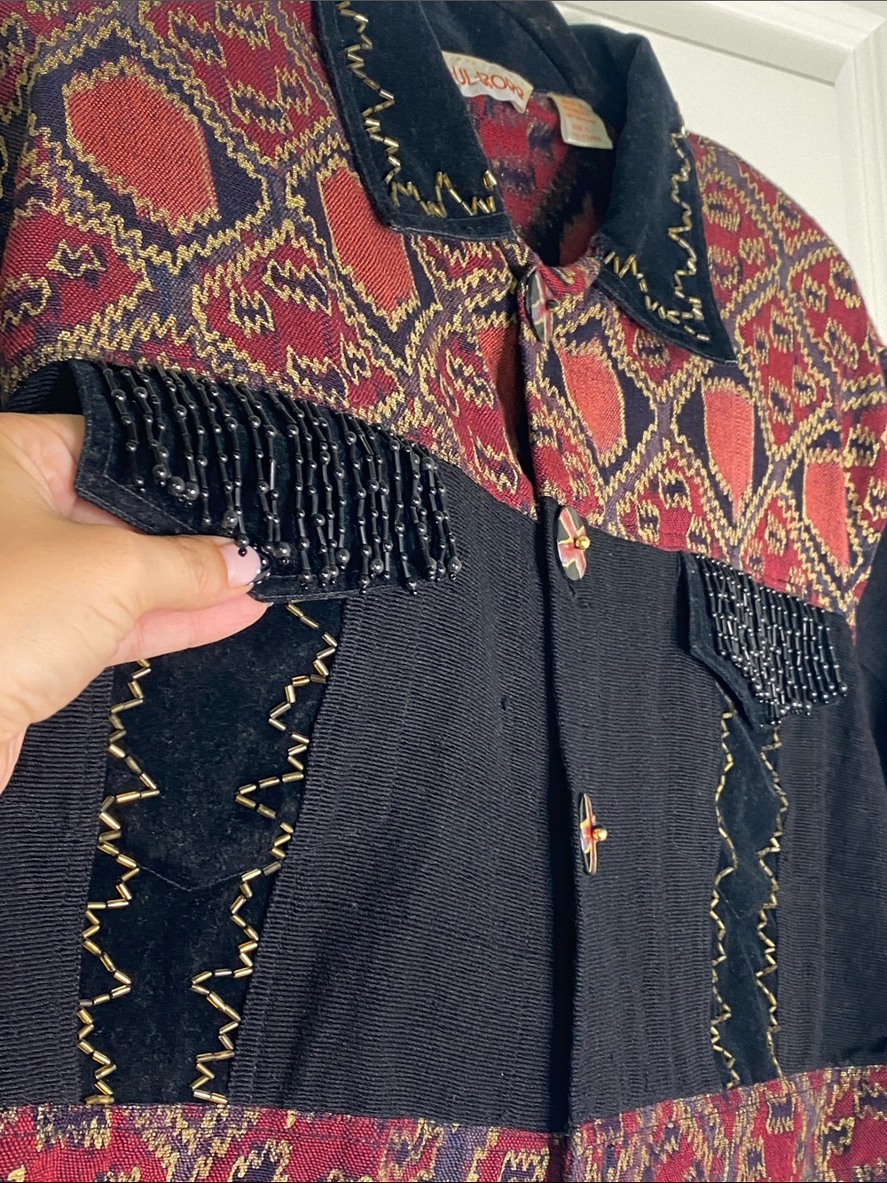 Vintage Paul Ropp Cropped Patterned Jacket in Black and Burgundy